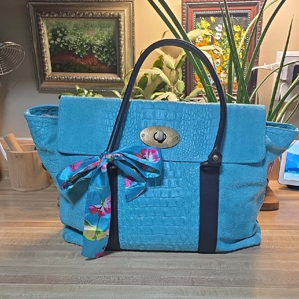 Turquoise Itailan Croc Embossed Suede Handbag with Scarf Accent